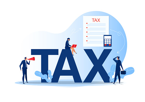 Tax financial analysis; Business People Calculating Document for Taxes Flat Vector Illustration