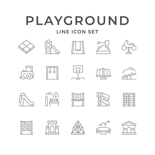 Set line icons of playground Set line icons of playground isolated on white. Swing, sandbox, spring rider, basketball equipment, merry go round, trampoline, seesaw, gymnastic rings, slide. Vector illustration schoolyard stock illustrations
