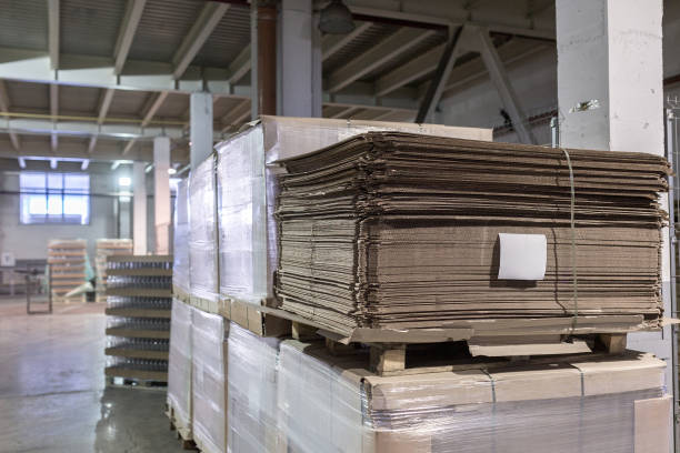 istock Perforated sheets of corrugated cardboard by stack on pallets - after assembly it will be cardboard boxes. Packaging of finished products in industrial facility. 1293788869