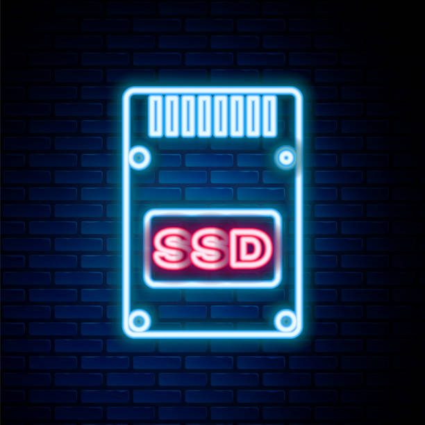 Glowing neon line SSD card icon isolated on brick wall background. Solid state drive sign. Storage disk symbol. Colorful outline concept. Vector Glowing neon line SSD card icon isolated on brick wall background. Solid state drive sign. Storage disk symbol. Colorful outline concept. Vector. spatholobus suberectus dunn stock illustrations