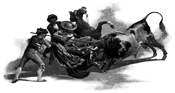 A picador using their lance to spear a bull as it overthrows his horse at a bullfight in Madrid, Spain. Vintage halftone etching circa 19th century.