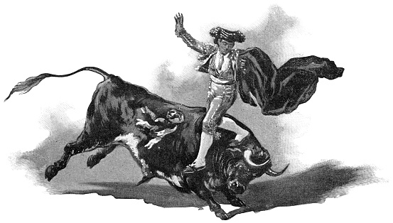 A matador leaping over a bull at a bullfight in Madrid, Spain. Vintage halftone etching circa 19th century.