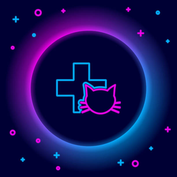 istock Glowing neon line Veterinary clinic symbol icon isolated on black background. Cross with cat veterinary care. Pet First Aid sign. Colorful outline concept. Vector 1293792965