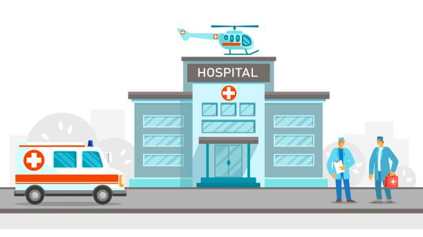 istock City hospital building with helicopter, trees in flat design. Medical concept. Vector illustration 1293792978