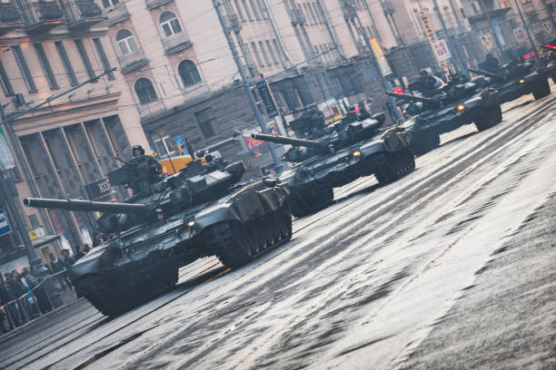 26.04.2011 - Moscow. Russia. Column of tanks T-90. Rehearsal for the May 9 Victory Day parade