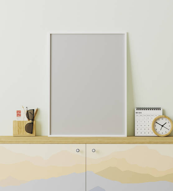 istock Blank poster frame mockup in modern traveler place style interior, cupboard with mountains print, decoration, travel concept, 3d rendering 1293801445