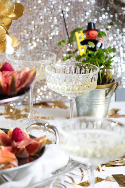 istock Festive Party Table with Seafood Appetizer Etagere Tower and Champagne 1293802256