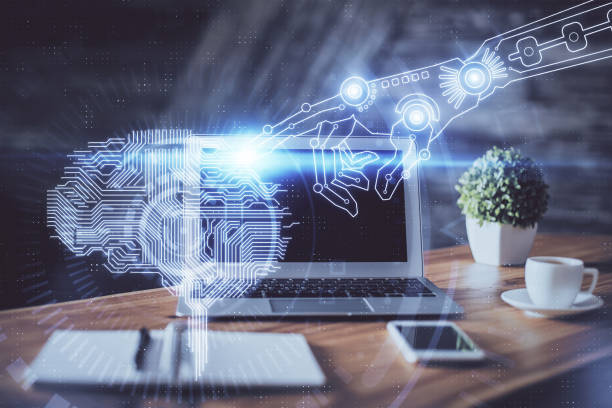 istock Double exposure of work table with computer and brain sketch hologram. Brainstorming concept. 1293807515