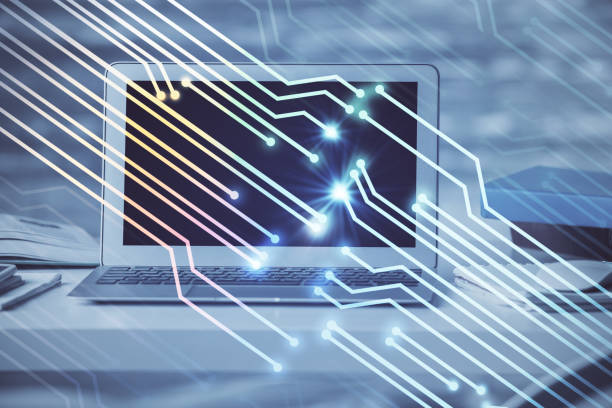 istock Double exposure of computer and technology theme drawing. Concept of innovation. 1293808176