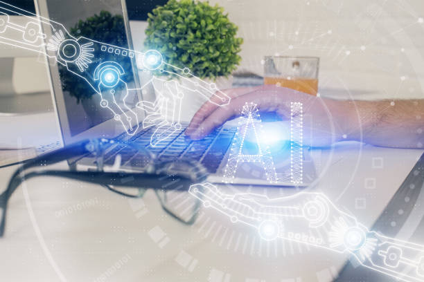 istock Multi exposure of tech drawings with man working on computer background. Concept of innovation. 1293808197