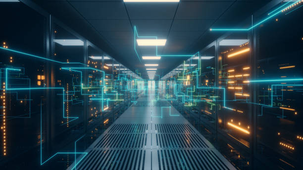 l’information numérique circule à travers les câbles à fibre optique à travers le réseau et les serveurs de données derrière des panneaux de verre dans la salle des serveurs du centre de données. illustration 3d de lignes numériques à grande v - datacenter photos et images de collection