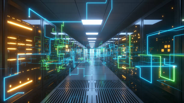 istock Digital information travels through fiber optic cables through the network and data servers behind glass panels in the server room of the data center. High speed digital lines 3d illustration 1293808249