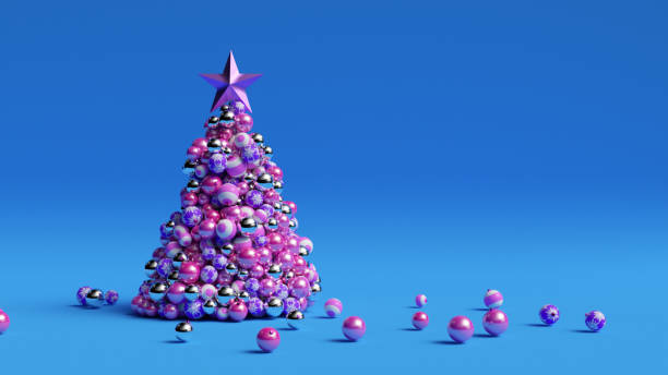 istock A tree of Christmas balls is growing dynamically on a bright colorful blue background. 3d illustration 1293808303