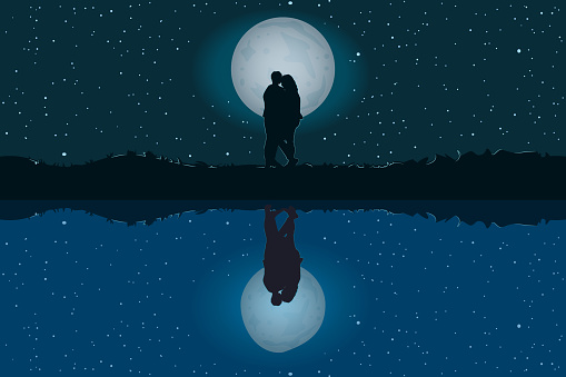 Full moon in starry sky. Moonlit night. Valentines Day. Happy Lovers. Template for greeting card, poster or banner. Stock vector illustration