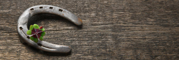 istock Horseshoe with lucky clover on a wooden background 1293810820
