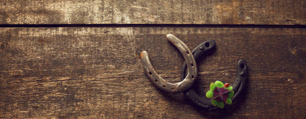 istock Horseshoe with lucky clover on a wooden background 1293810830