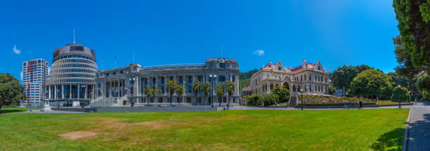 Parliamentary Library and New Zealand Parliament Buildings Wellington, New Zealand, February 9, 2020: Parliamentary Library and New Zealand Parliament Buildings in Wellington viewed during a sunny day in summer beehive new zealand stock pictures, royalty-free photos & images