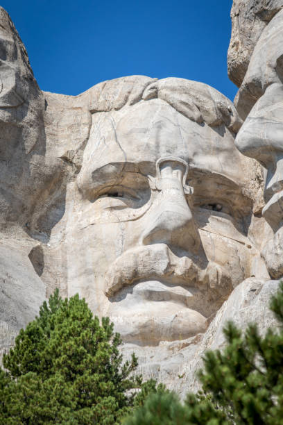 el busto de theodore roosevelt en el monumento nacional del monte rushmore - mt rushmore national monument president george washington mountain fotografías e imágenes de stock