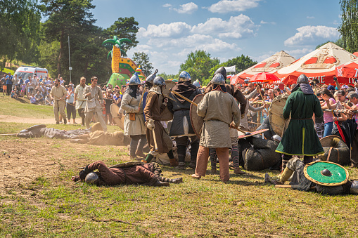 Cedynia, Poland, June 2019 Brutal medieval war or fight between two warrior clans. Historical reenactment of Battle of Cedynia between Poland and Germany, circa 11th century