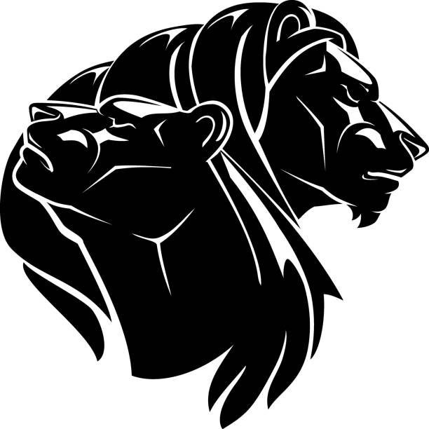 ilustraciones, imágenes clip art, dibujos animados e iconos de stock de ilustración íntima en la sombra de león y leona - shadowed