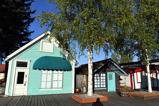 Historic Gold Rush Era log houses displayed in a free-access, public skansen Pioneer Park in Fairbanks, Alaska, United States