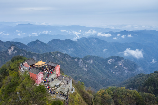 Aerial View Of The Golden Palace On Wudang Mountain Highest Peak Stock ...
