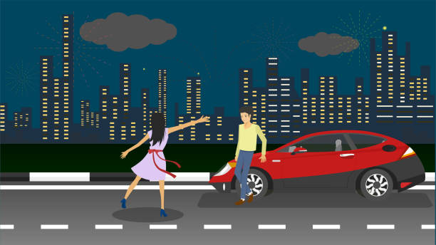 Red car parked on the roadside. with celebrations of new year. Red car parked on the roadside. Man leaning against a car While the women raised their second hands to express their joy. Fountain of celebrations on the big city at night during the New Year season. woman driving car night stock illustrations