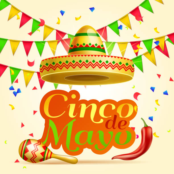 cinco de mayo schriftzug feier vektor hintergrund mit sombrero, chili-papier, girlande, konfetti, maracas lizenzgebühren kostenloser lager für grußkarte, anzeige, werbung, poster, flyer, social media - mexican culture cinco de mayo backgrounds sombrero stock-grafiken, -clipart, -cartoons und -symbole