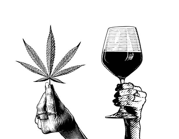ilustrações de stock, clip art, desenhos animados e ícones de hands holding wineglass and hemp leaves - wineglass wine glass red wine