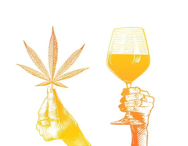 Vector illustration of Hands holding wineglass and hemp leaves