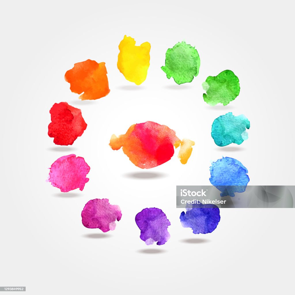 Vector Set Of Rainbow Watercolor Palette Circle Splatters With Shadow