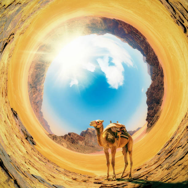 One World Experience - Wadi Rum One World Experience - Wadi Rum fish eye effect stock pictures, royalty-free photos & images