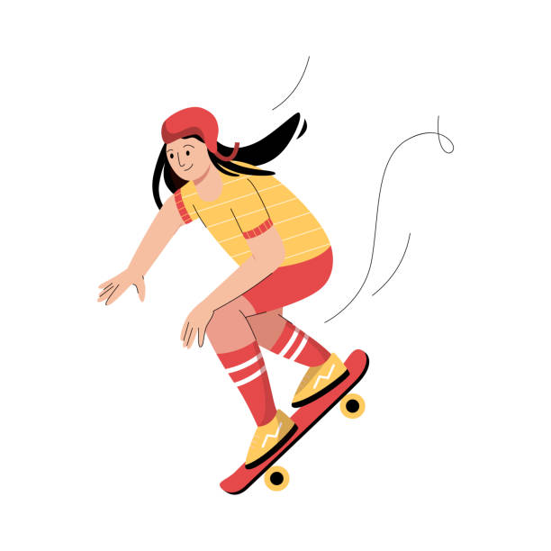 Teen girl riding skateboard. Stylish teenager skater Teen girl riding skateboard. Stylish teenager skater in casual outfit. Young woman moves around city, doing outdoor activities, enjoy hobbies. Urban sportive citizen. Vector character illustration skater girl stock illustrations