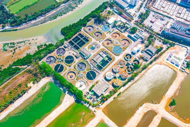 istock Clarifier at wastewater treatment plant, aerial view 1293858388