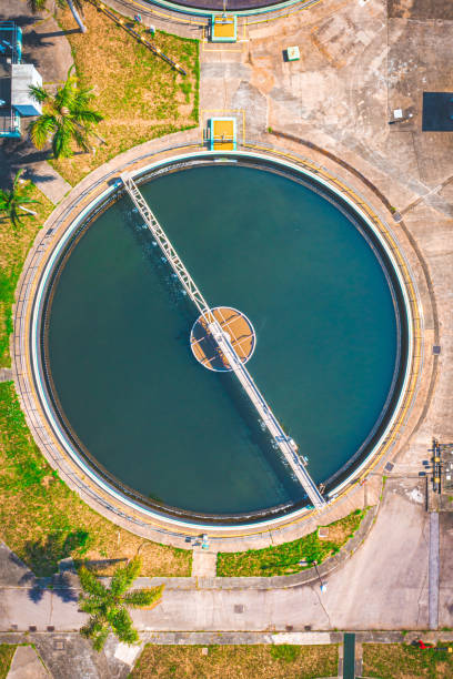 Clarifier at wastewater treatment plant, aerial view