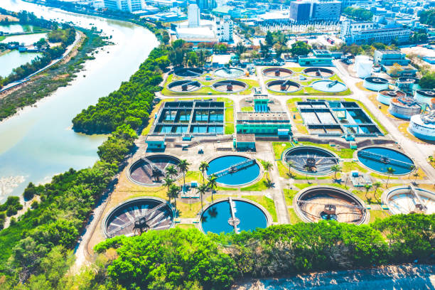 istock Clarifier at wastewater treatment plant, aerial view 1293858677