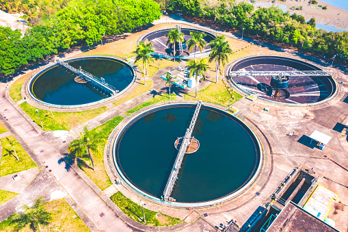 Clarifier at wastewater treatment plant, aerial view
