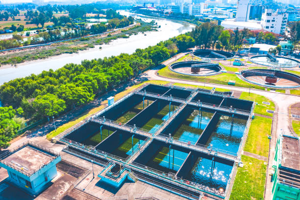 istock Clarifier at wastewater treatment plant, aerial view 1293859836