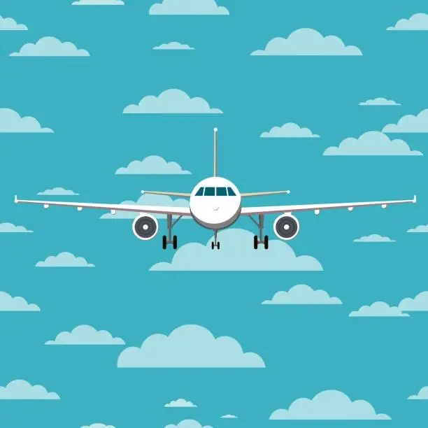 Vector illustration of Airplane front view. Blue sky with clouds. Flat vector illustration