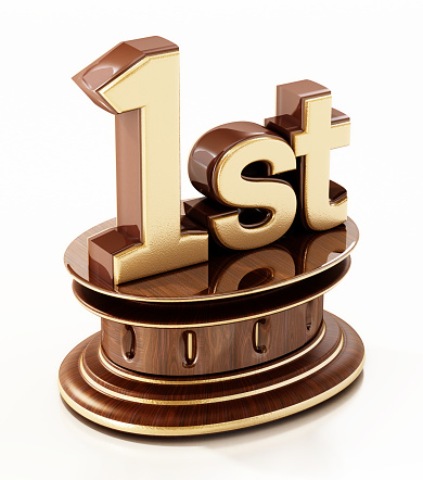 First prize award. 1st word on wooden base isolated on white.