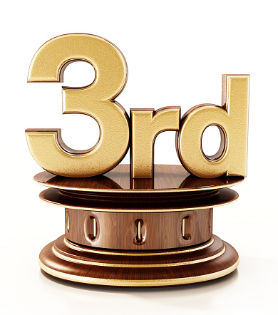 Third prize award. 3rd word on wooden base isolated on white.
