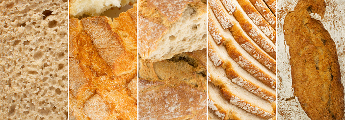 Bread Texture Food Collage. Various Breads Collection, Different Sliced and Whole Bread Mix, Assortment
