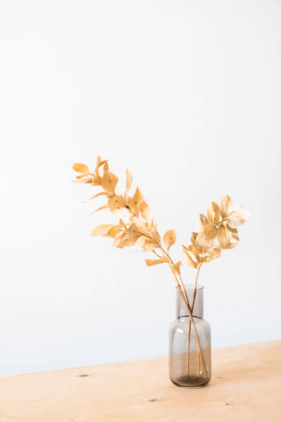 istock Dried flowers in a glass vase with an empty light wall for minimalist decor. 1293864485