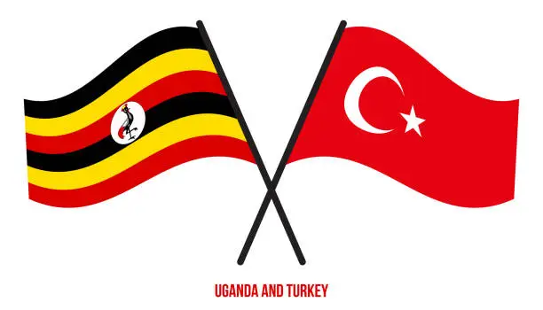 Vector illustration of Uganda and Turkey Flags Crossed And Waving Flat Style. Official Proportion. Correct Colors.