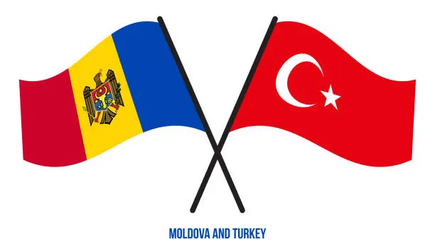 Vector illustration of Moldova and Turkey Flags Crossed And Waving Flat Style. Official Proportion. Correct Colors.