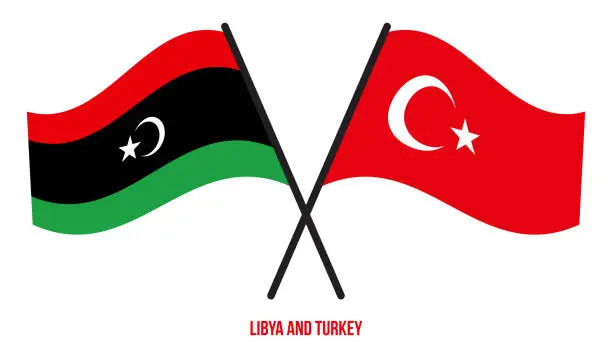 Vector illustration of Libya and Turkey Flags Crossed And Waving Flat Style. Official Proportion. Correct Colors.