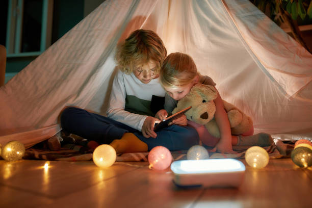 istock Two little siblings, brother and sister looking focused while using digital tablet, sitting in a hut made with bedsheets 1293868266