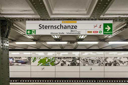 12/30/2020 Hamburg, Germany - Stop sign on the platform of the U3 subway station Sternschanze