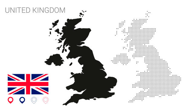 uk karte gepunktet und silhouette mit flagge und stift. - uk map british flag england stock-grafiken, -clipart, -cartoons und -symbole