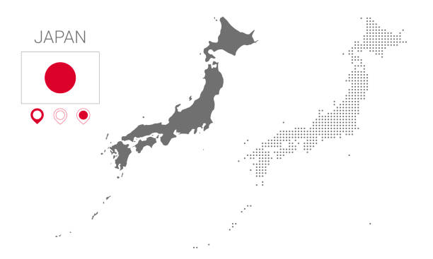 Map of Japan silhouette, Japan map dotted, Flag of Japan. Map of Japan silhouette, Japan map dotted, Flag of Japan. Vector illustration flat japan map fukushima prefecture cartography stock illustrations
